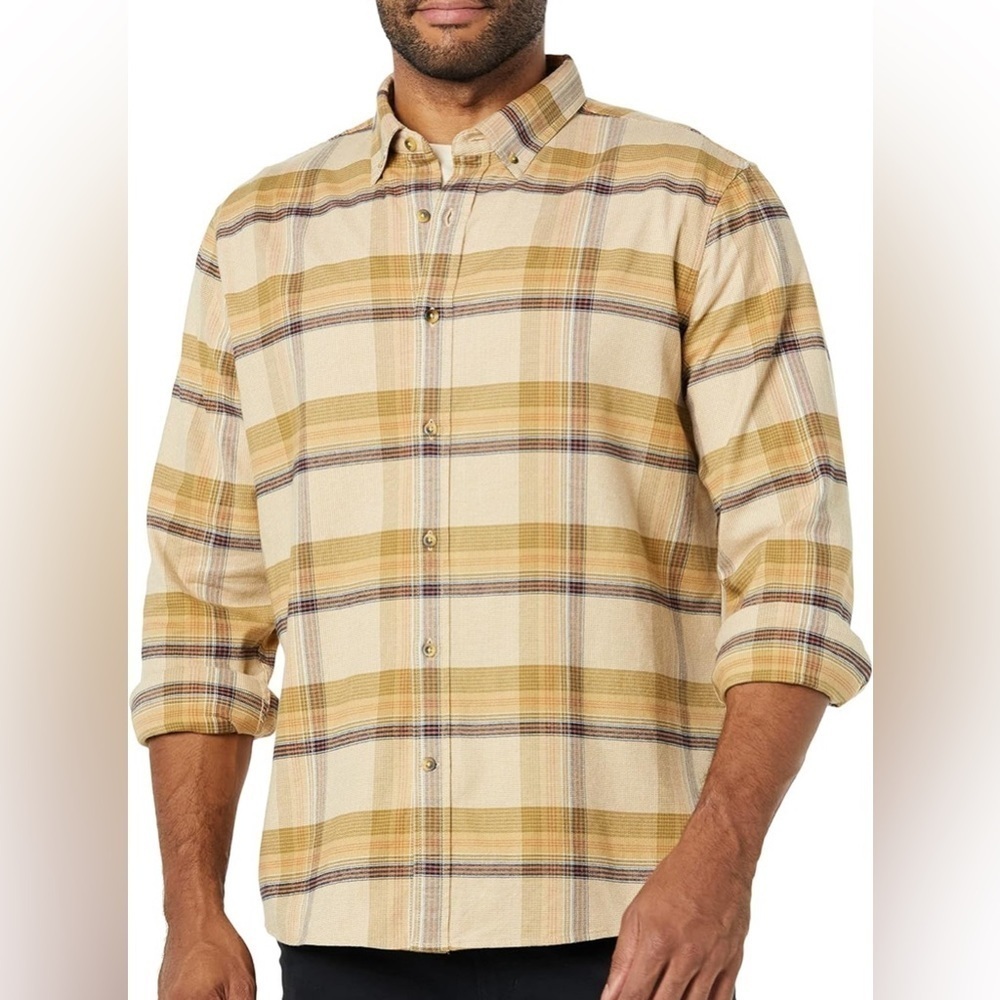BIN#21 - GOODTHREADS XL Standard Fit Longsleeved Stretch Oxford Plaid Tan Shirt